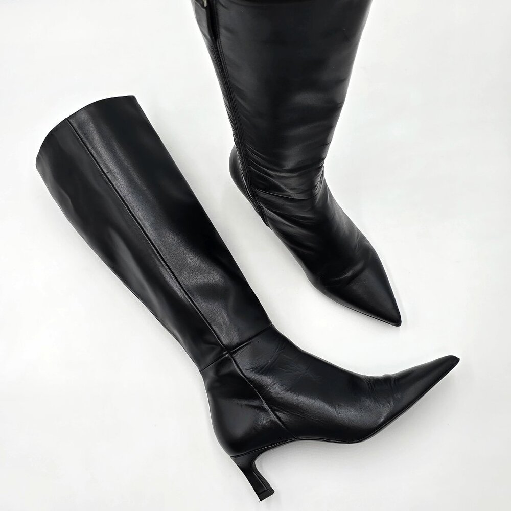 Zara Black Knee High Kitten Heel Boots